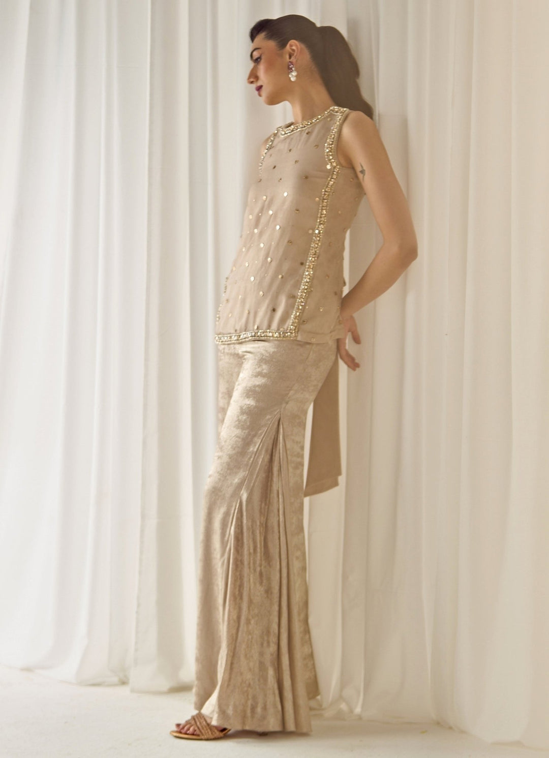 Nude Gold Organza Pants Set Sanya Gulati - Fabilicious Fashion