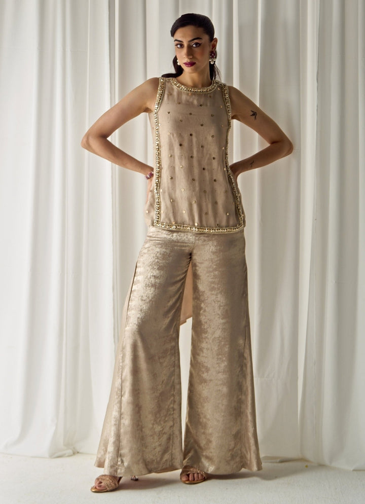 Nude Gold Organza Pants Set Sanya Gulati - Fabilicious Fashion
