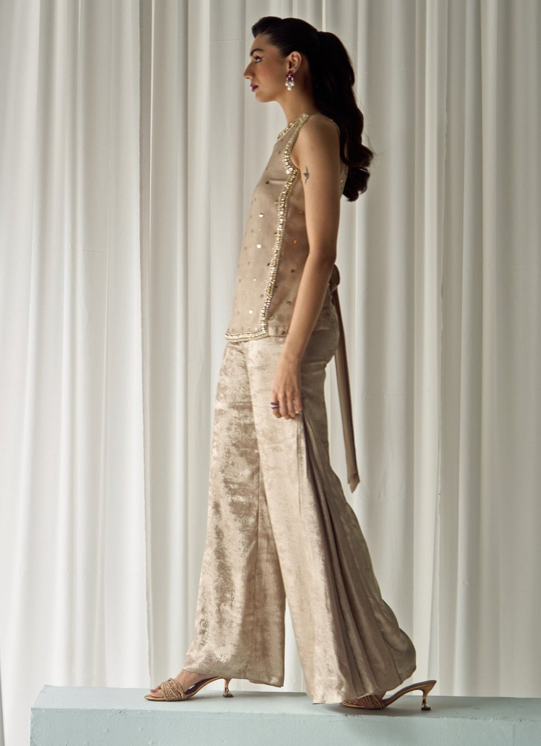 Nude Gold Organza Pants Set Sanya Gulati - Fabilicious Fashion