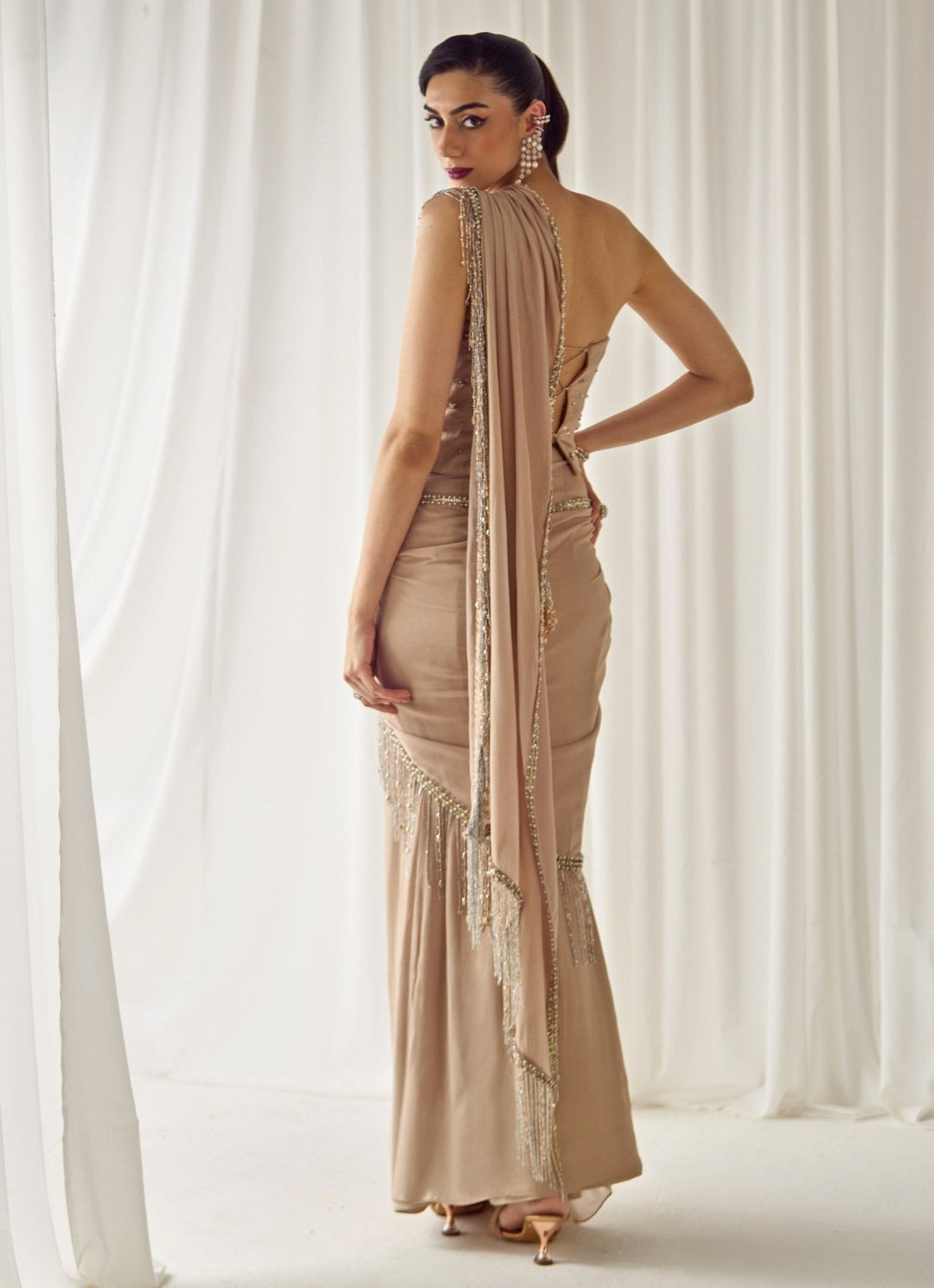 Sanya Gulati Nude Gold Organza Pre - Draped Saree With CorsetFabilicious Fashion