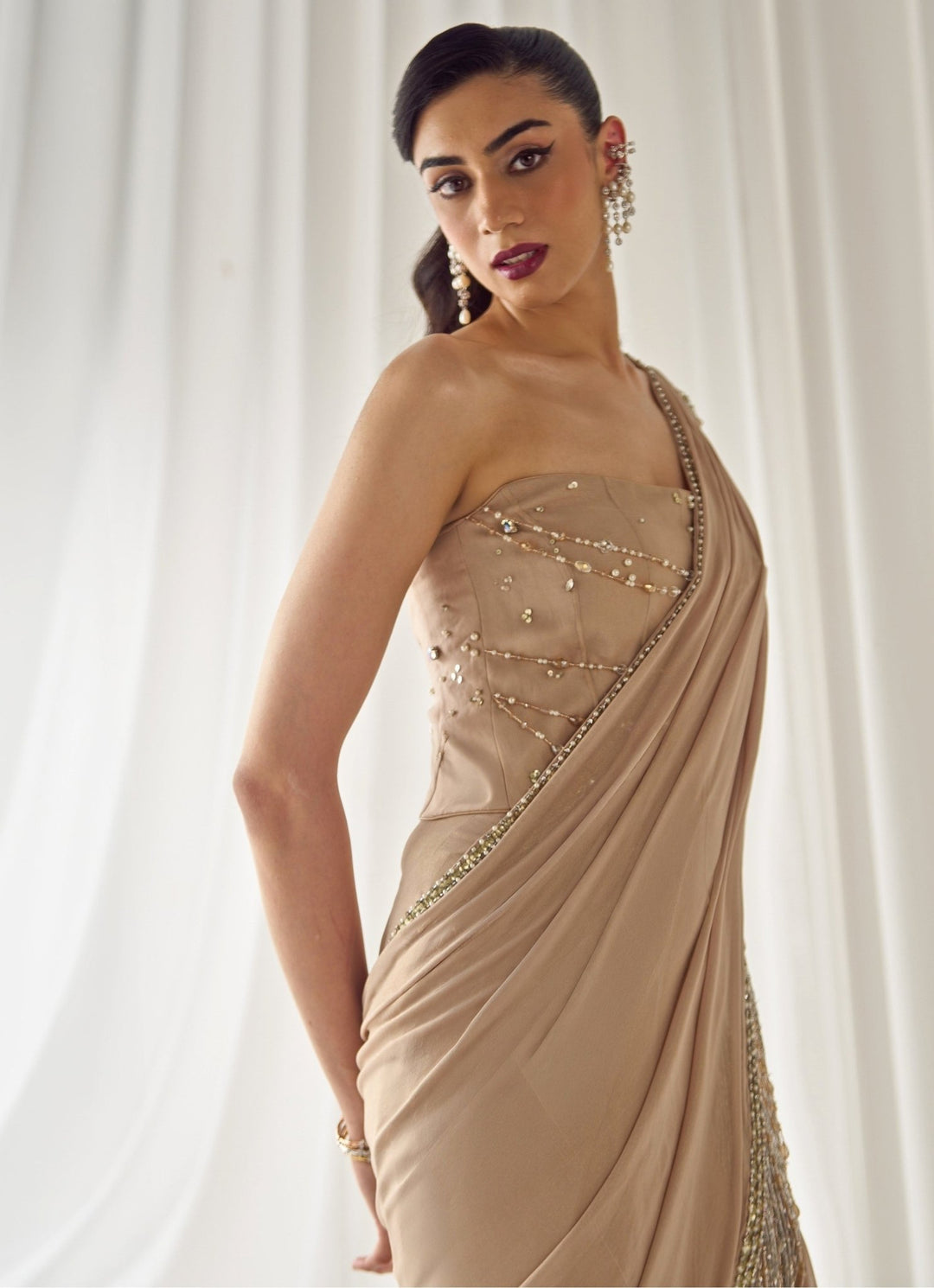 Sanya Gulati Nude Gold Organza Pre - Draped Saree With CorsetFabilicious Fashion