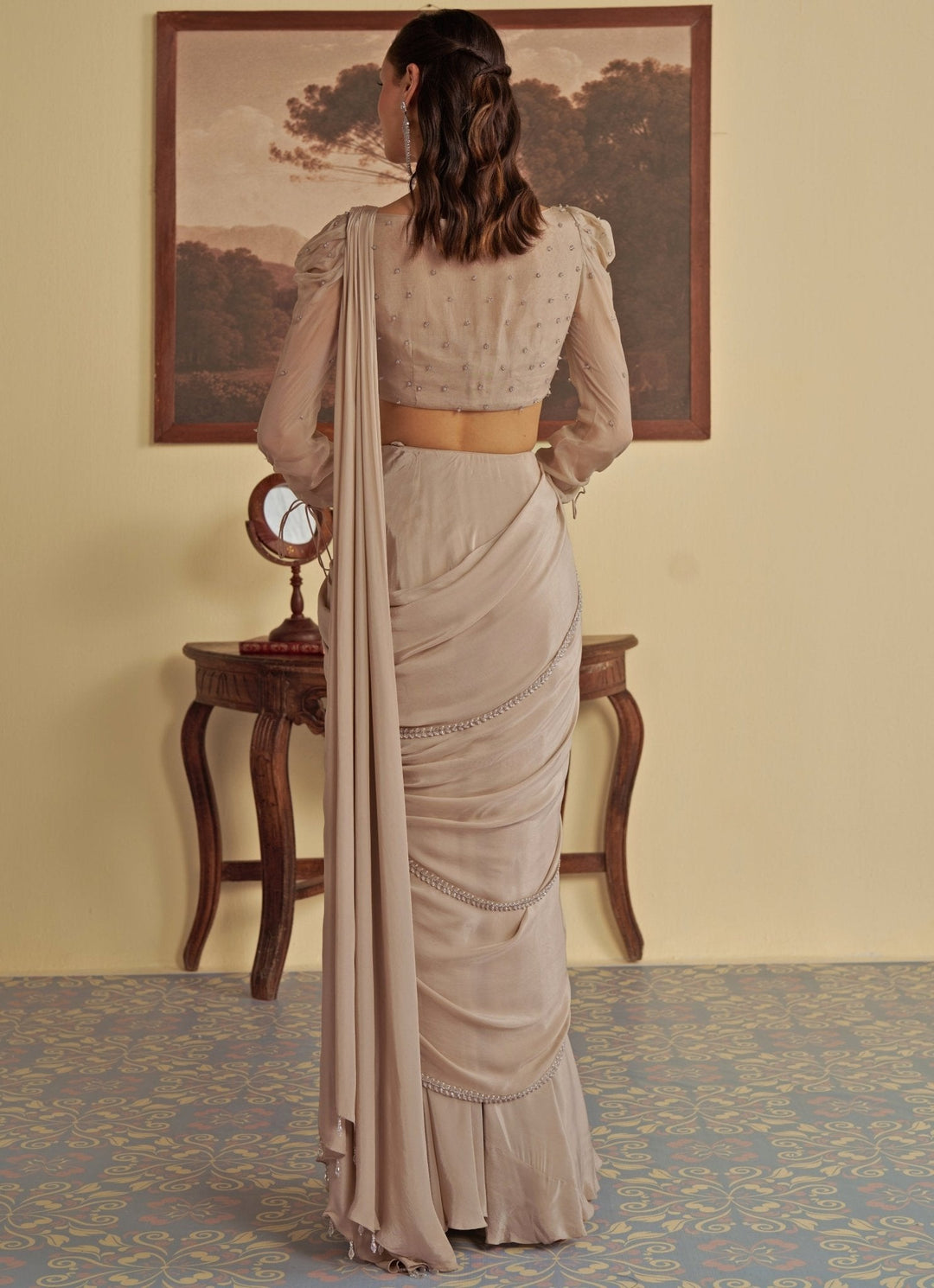 Nude Gold Predraped Crepe Saree Jade by Ashima - Fabilicious Fashion