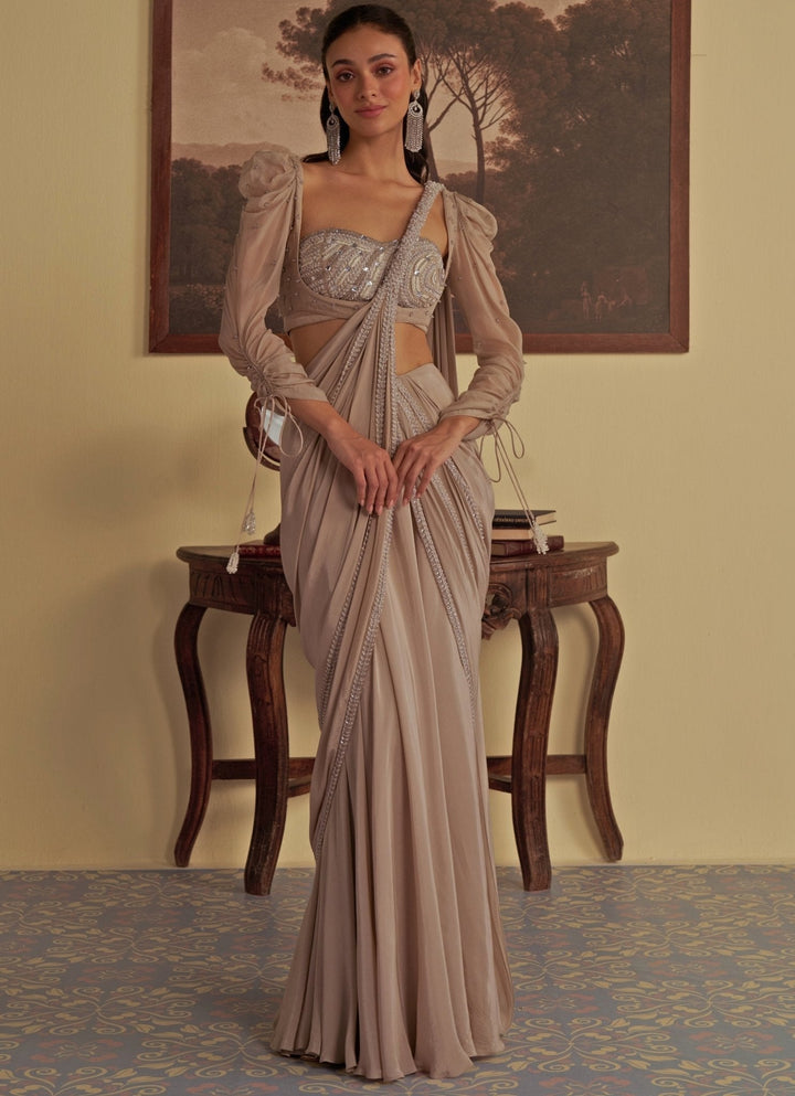 Nude Gold Predraped Crepe Saree Jade by Ashima - Fabilicious Fashion