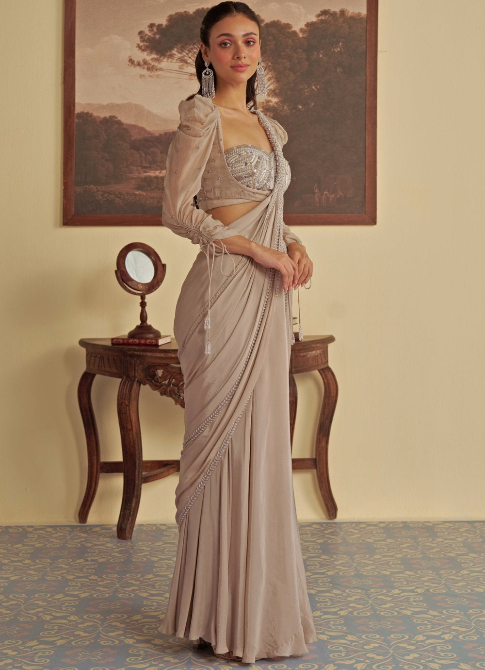 Nude Gold Predraped Crepe Saree Jade by Ashima - Fabilicious Fashion