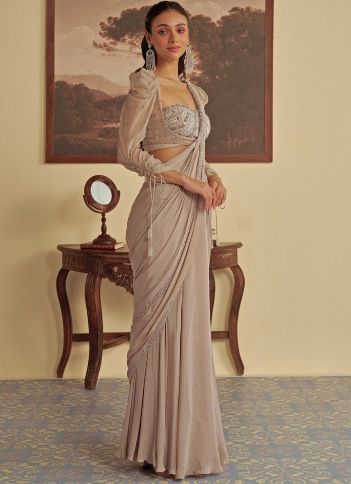 Nude Gold Predraped Crepe Saree Jade by Ashima - Fabilicious Fashion