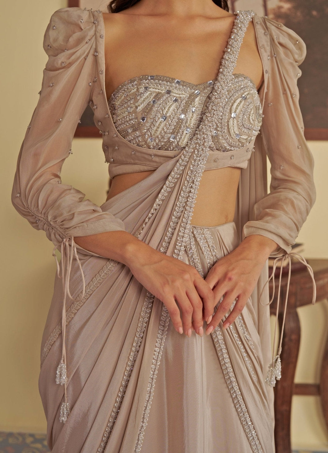 Nude Gold Predraped Crepe Saree Jade by Ashima - Fabilicious Fashion