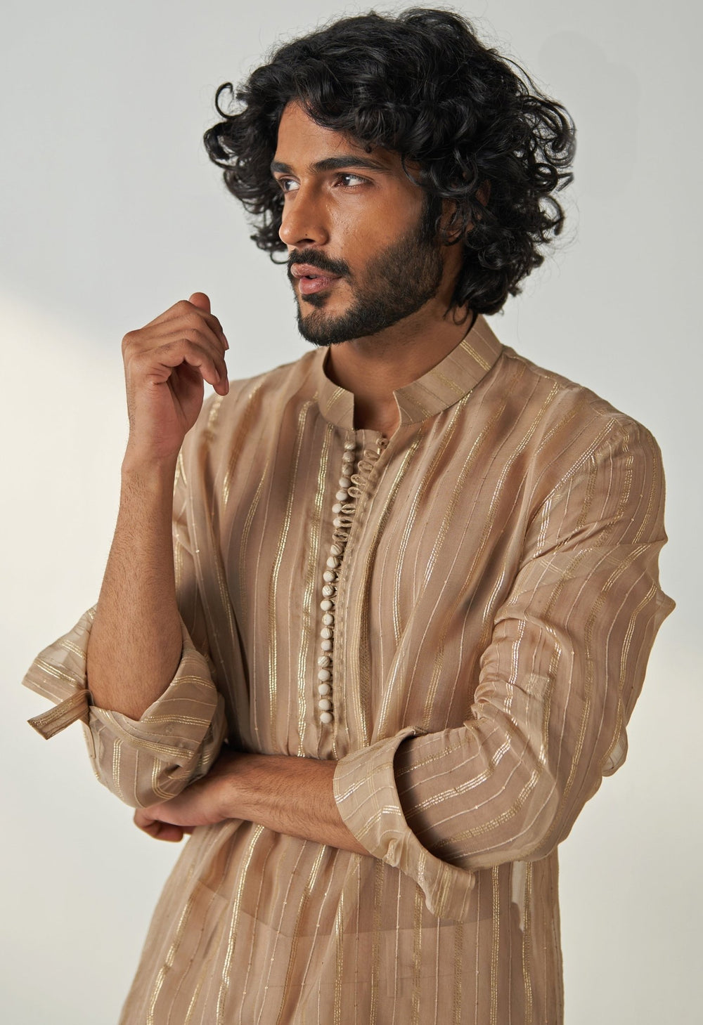 Nude Gold Sequin Embroidered Kurta Pant Set Studio Bagechaa - Men - Fabilicious Fashion