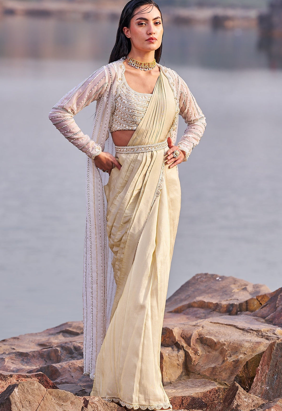 Nude Gold Sequinned Saree With Belt and Cape Nidhika Shekhar - Fabilicious Fashion