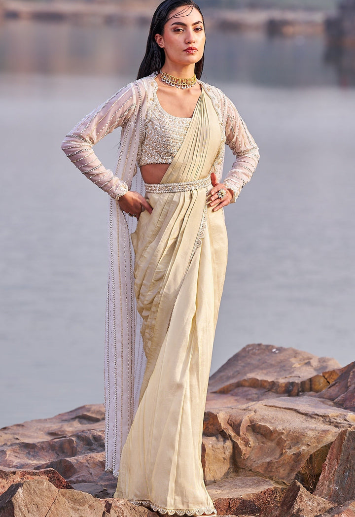Nude Gold Sequinned Saree With Belt and Cape Nidhika Shekhar - Fabilicious Fashion