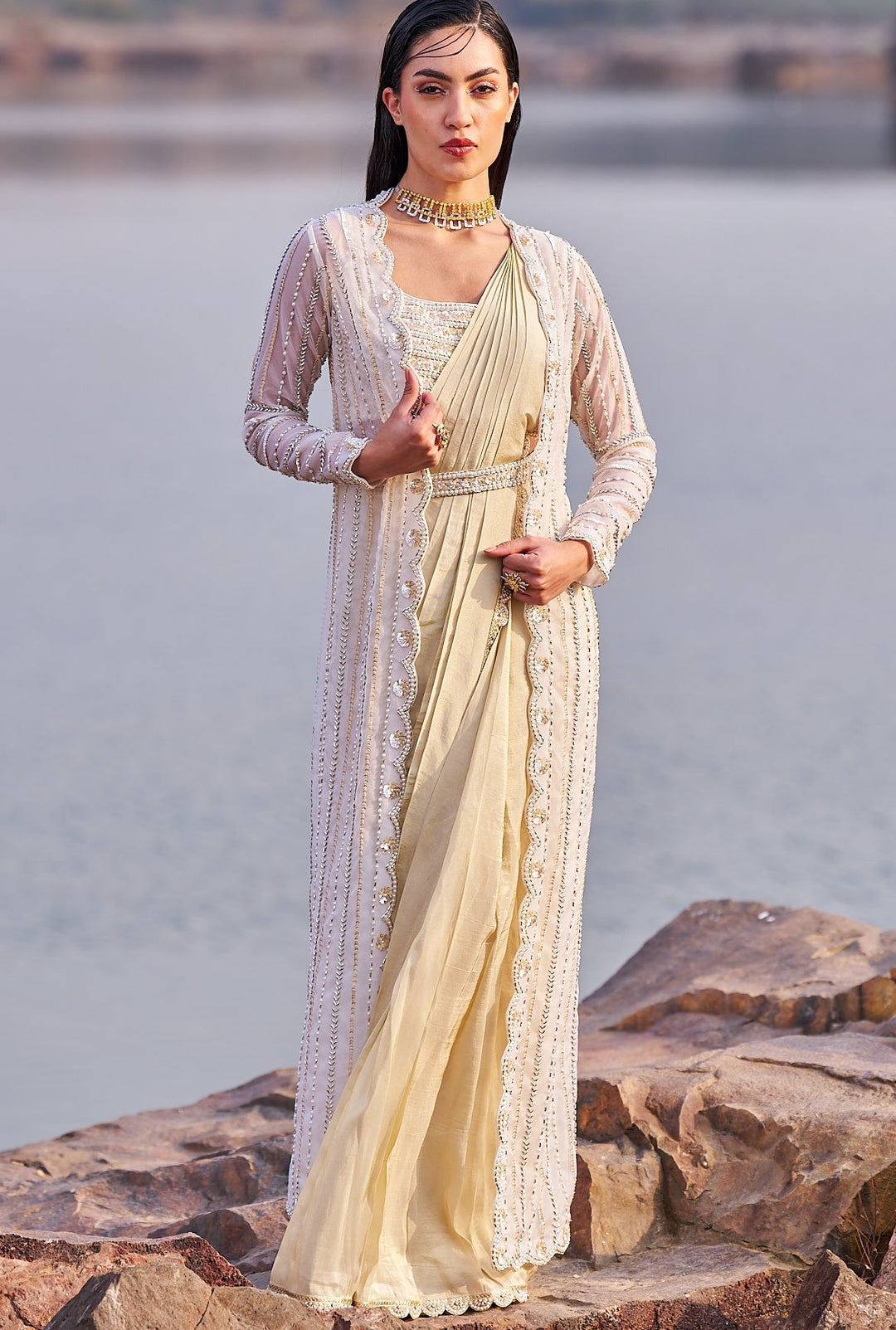 Nude Gold Sequinned Saree With Belt and Cape Nidhika Shekhar - Fabilicious Fashion