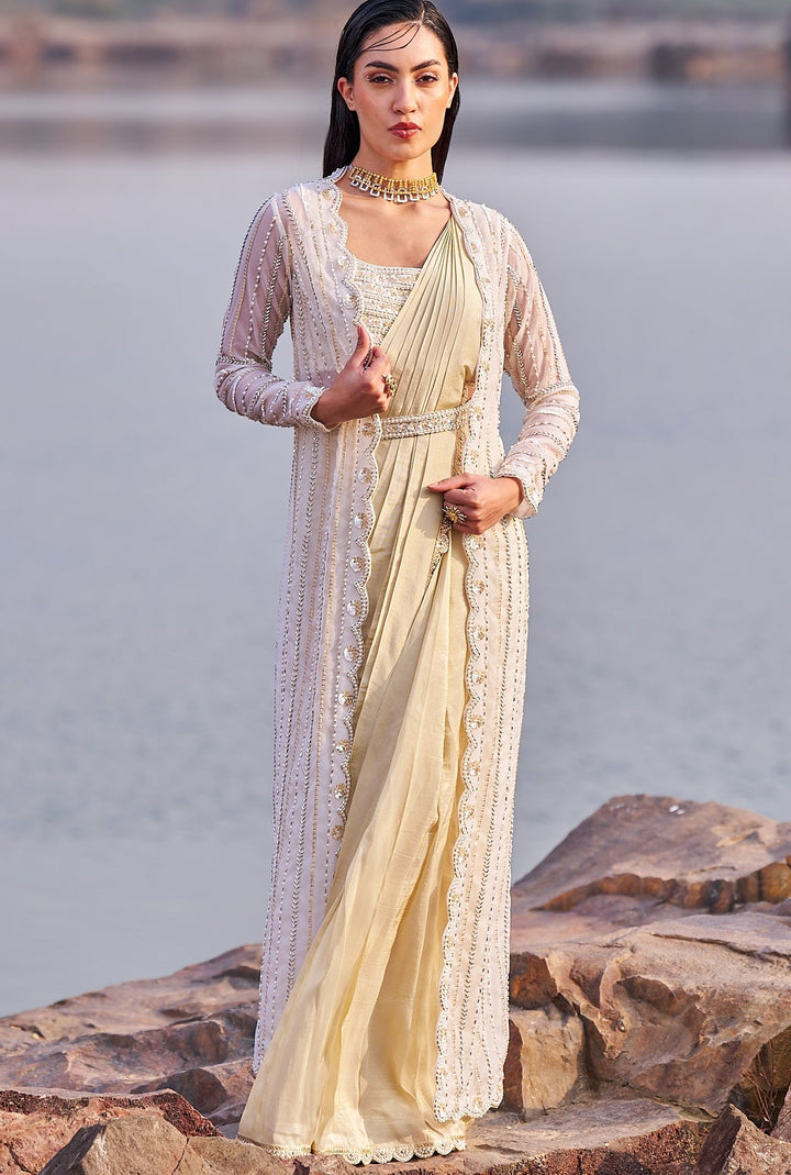 Nude Gold Sequinned Saree With Belt and Cape Nidhika Shekhar - Fabilicious Fashion