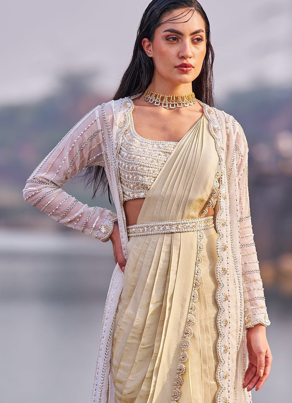 Nude Gold Sequinned Saree With Belt and Cape Nidhika Shekhar - Fabilicious Fashion