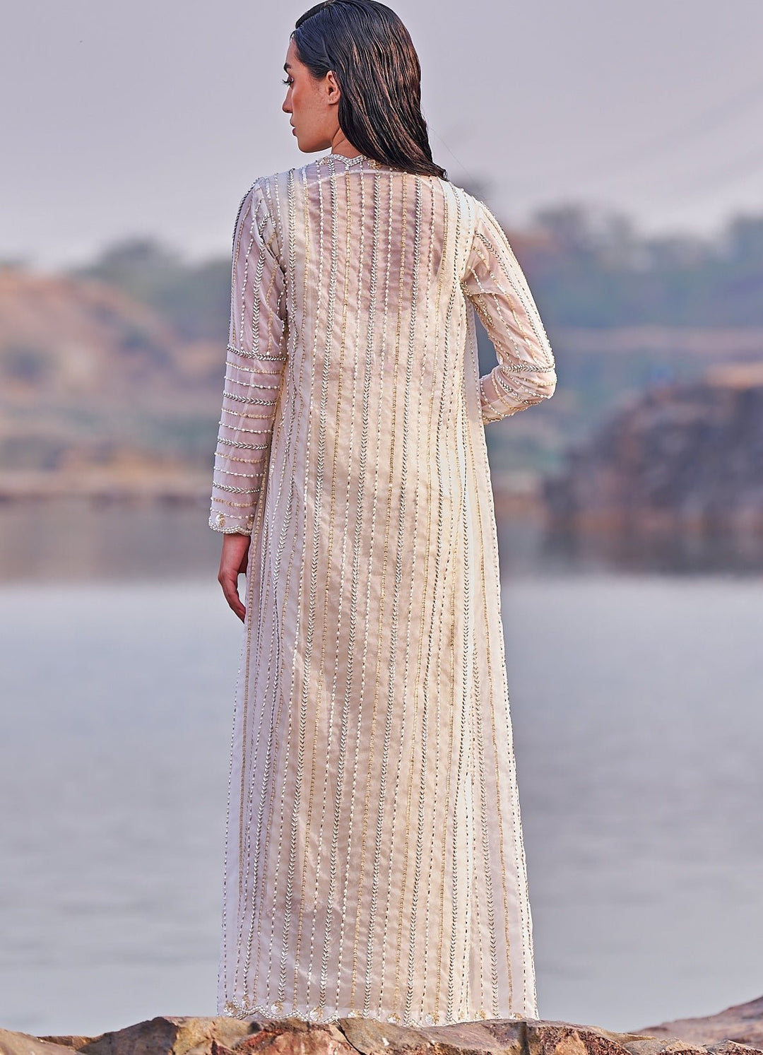 Nude Gold Sequinned Saree With Belt and Cape Nidhika Shekhar - Fabilicious Fashion