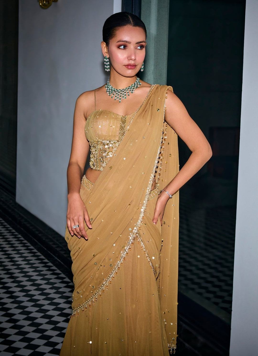 Nude Gold Sequins Georgette Predraped Saree With Corset Sanya Gulati - Fabilicious Fashion