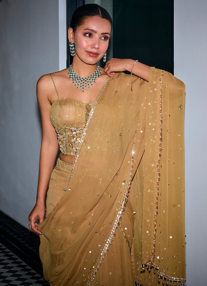 Nude Gold Sequins Georgette Predraped Saree With Corset Sanya Gulati - Fabilicious Fashion