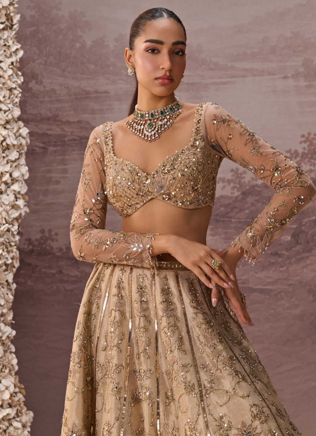 Parul Gandhi Nude Gold Sequins Silk Tissue LehengaFabilicious Fashion