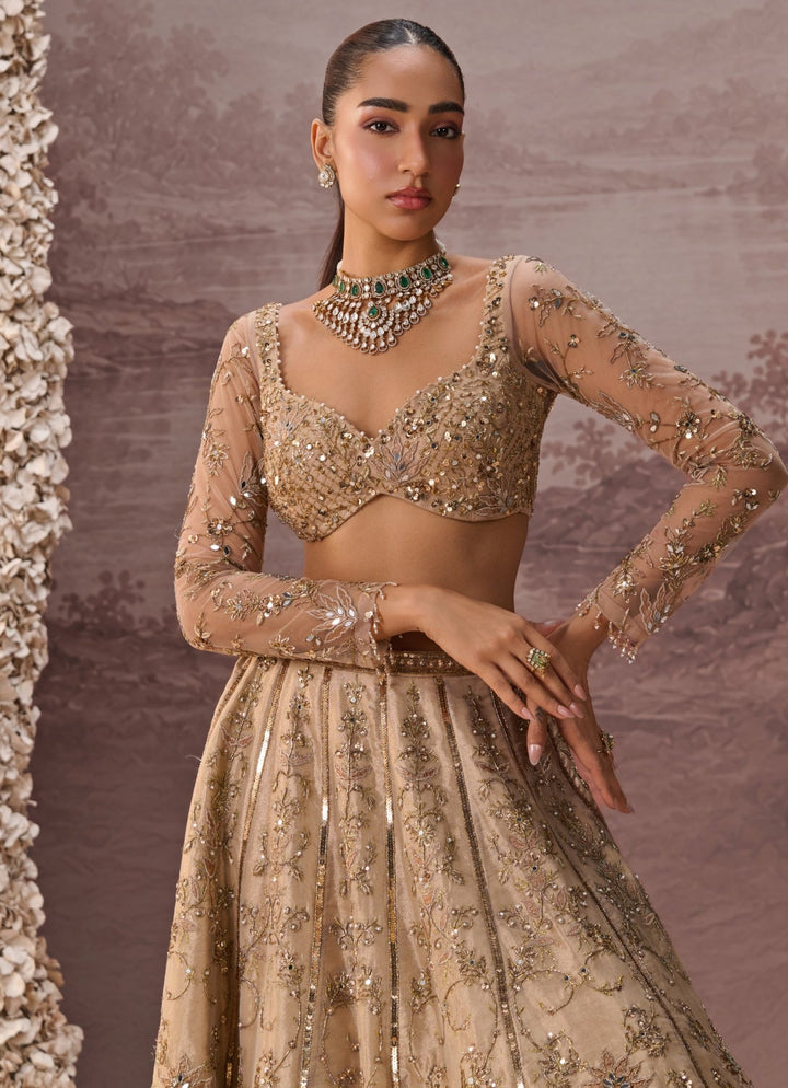 Parul Gandhi Nude Gold Sequins Silk Tissue LehengaFabilicious Fashion