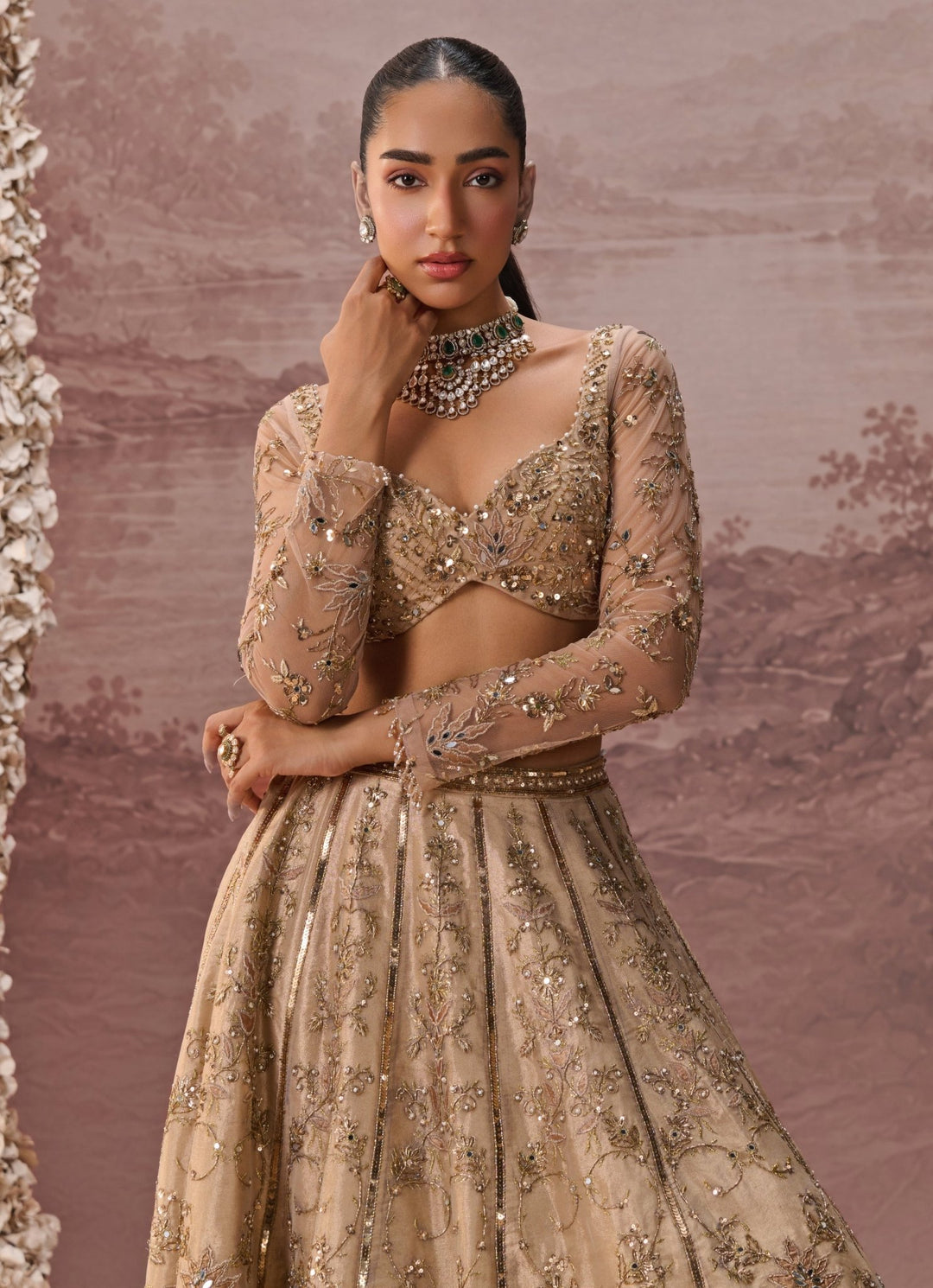 Parul Gandhi Nude Gold Sequins Silk Tissue LehengaFabilicious Fashion