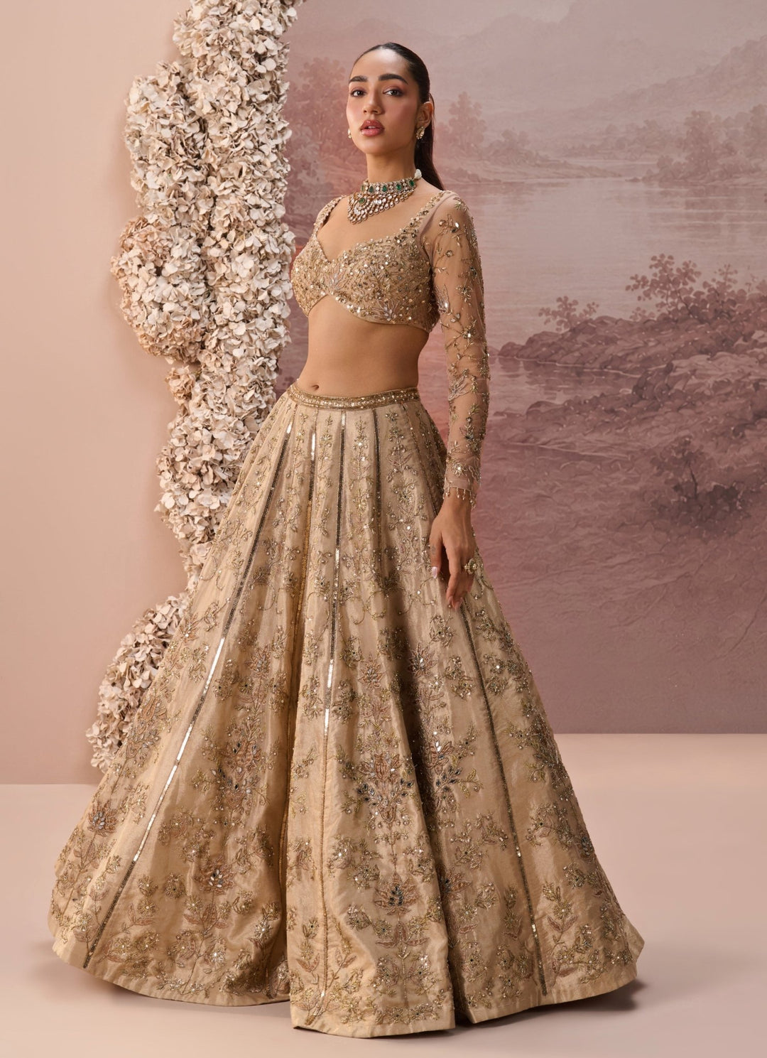Parul Gandhi Nude Gold Sequins Silk Tissue LehengaFabilicious Fashion