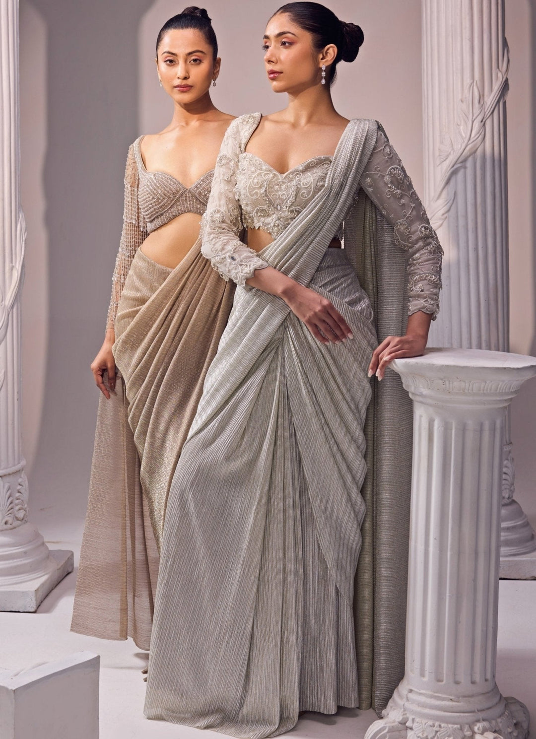 Nude Gold Shimmer Predraped Saree Jade by Ashima - Fabilicious Fashion