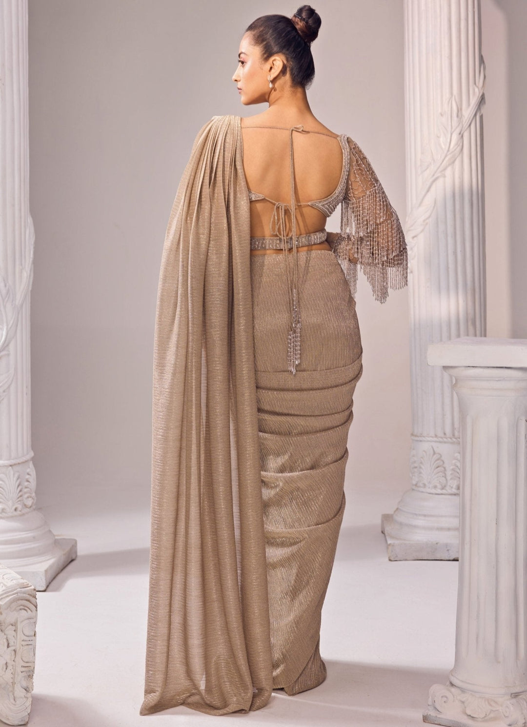 Nude Gold Shimmer Predraped Saree Jade by Ashima - Fabilicious Fashion