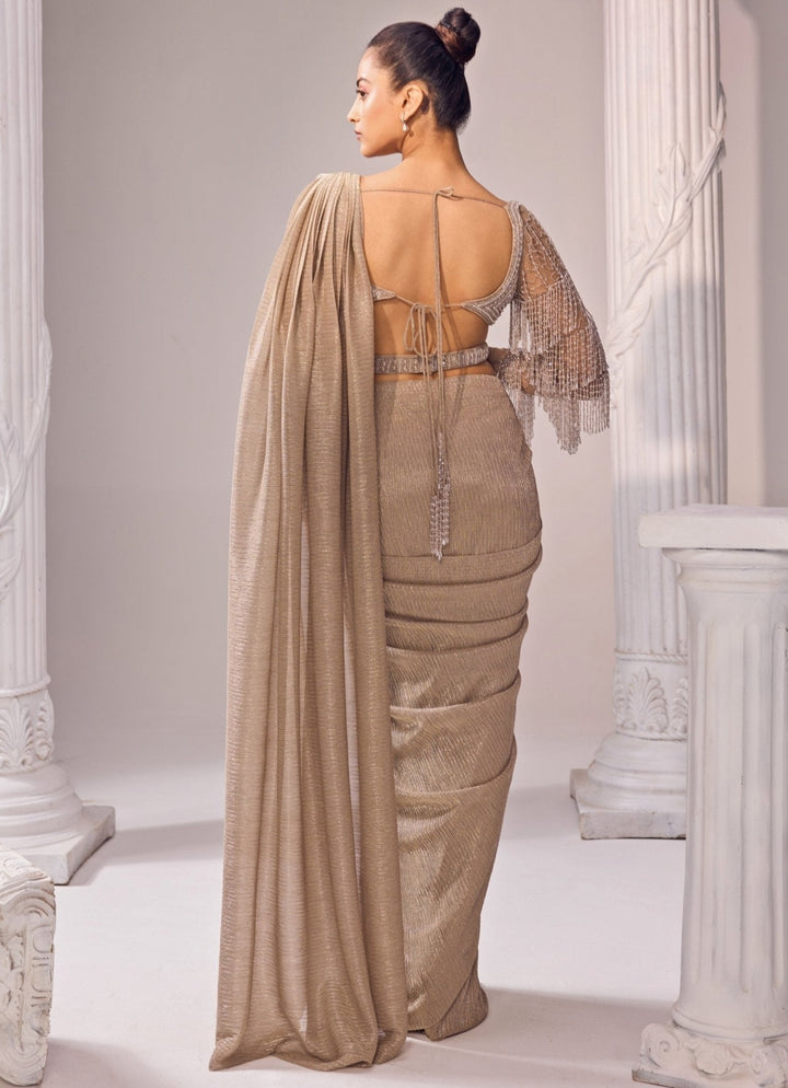 Nude Gold Shimmer Predraped Saree Jade by Ashima - Fabilicious Fashion