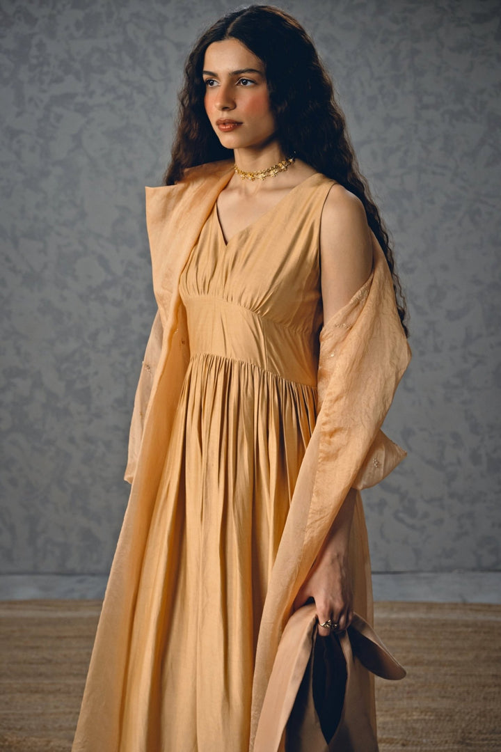 Nude Gold Silk Dress With Jacket Paulmi and Harsh X Ease - Fabilicious Fashion