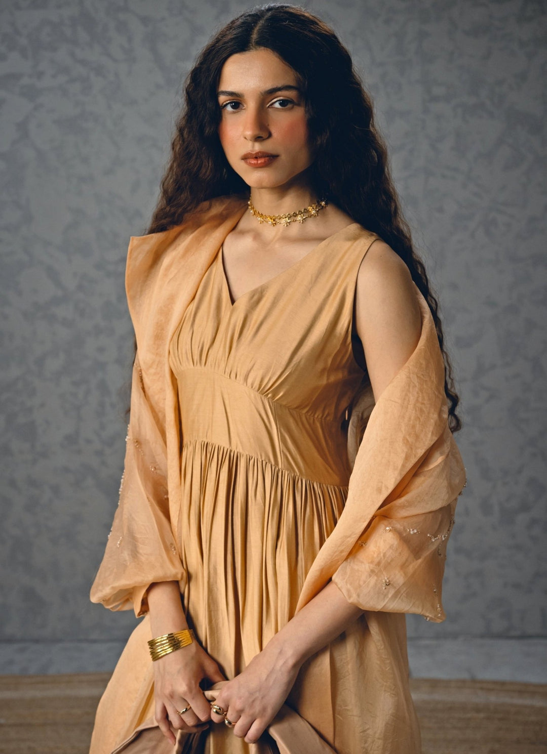 Nude Gold Silk Dress With Jacket Paulmi and Harsh X Ease - Fabilicious Fashion