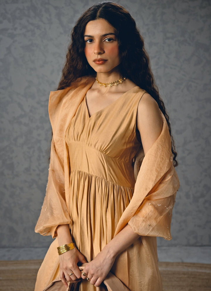 Nude Gold Silk Dress With Jacket Paulmi and Harsh X Ease - Fabilicious Fashion