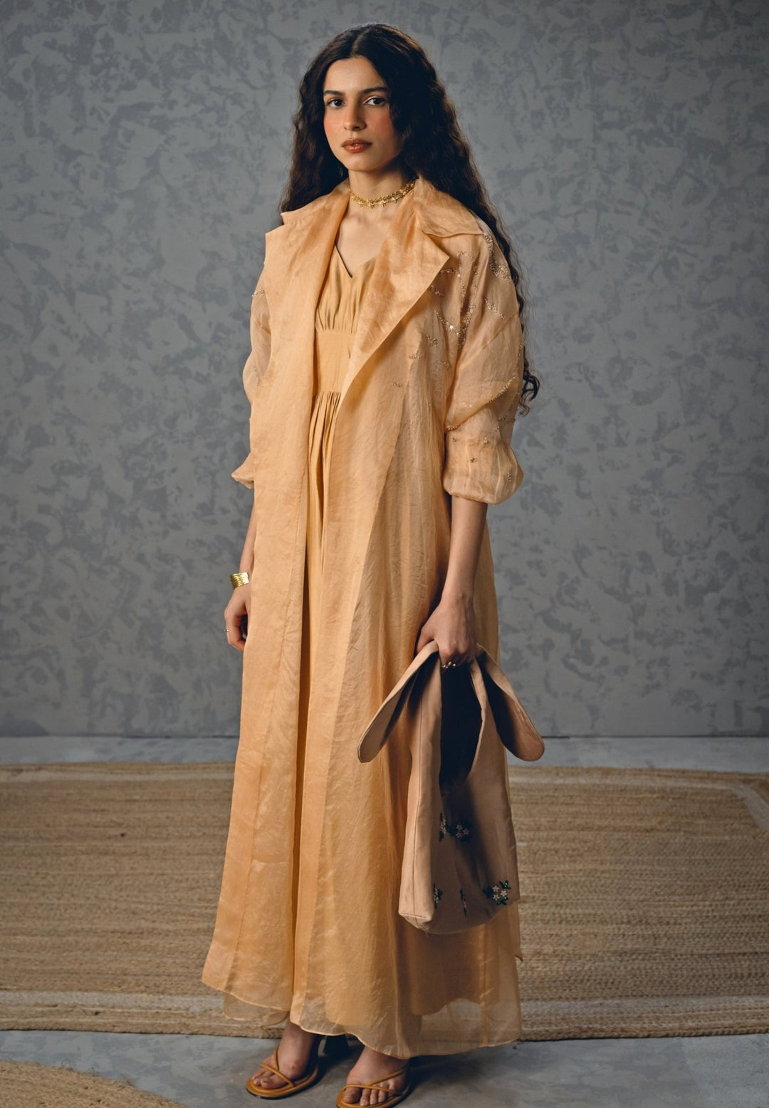Nude Gold Silk Dress With Jacket Paulmi and Harsh X Ease - Fabilicious Fashion