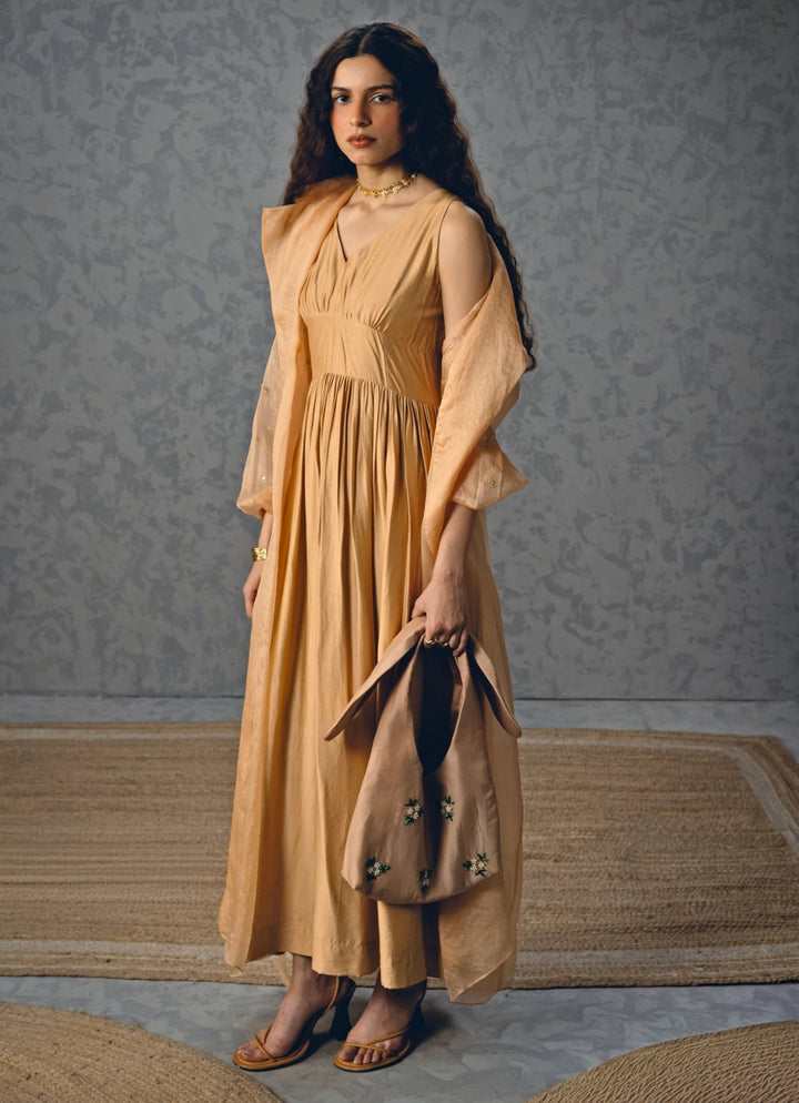 Nude Gold Silk Dress With Jacket Paulmi and Harsh X Ease - Fabilicious Fashion
