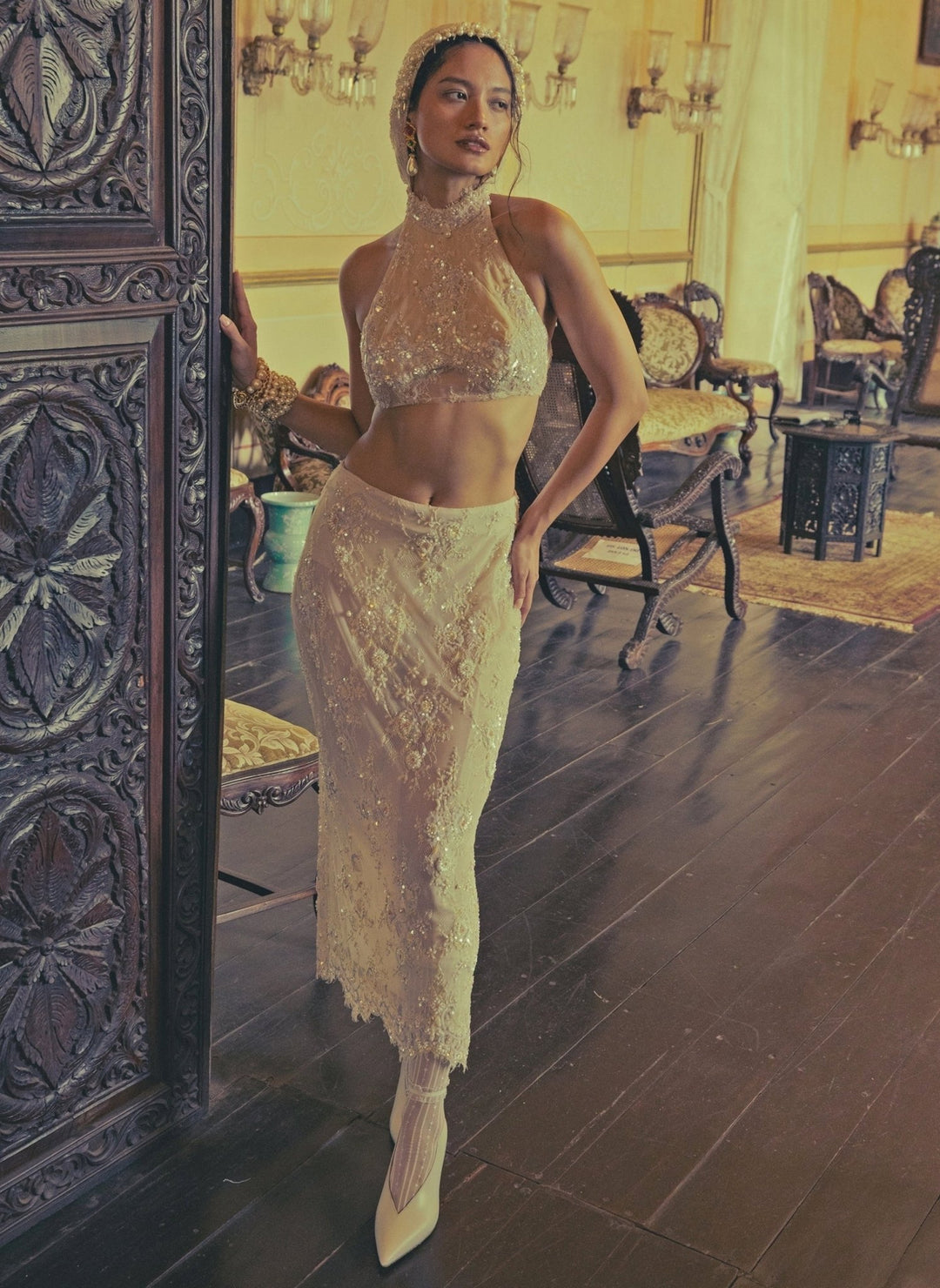 The Little Black Bow Nude Gold Silk Pearl Skirt SetFabilicious Fashion