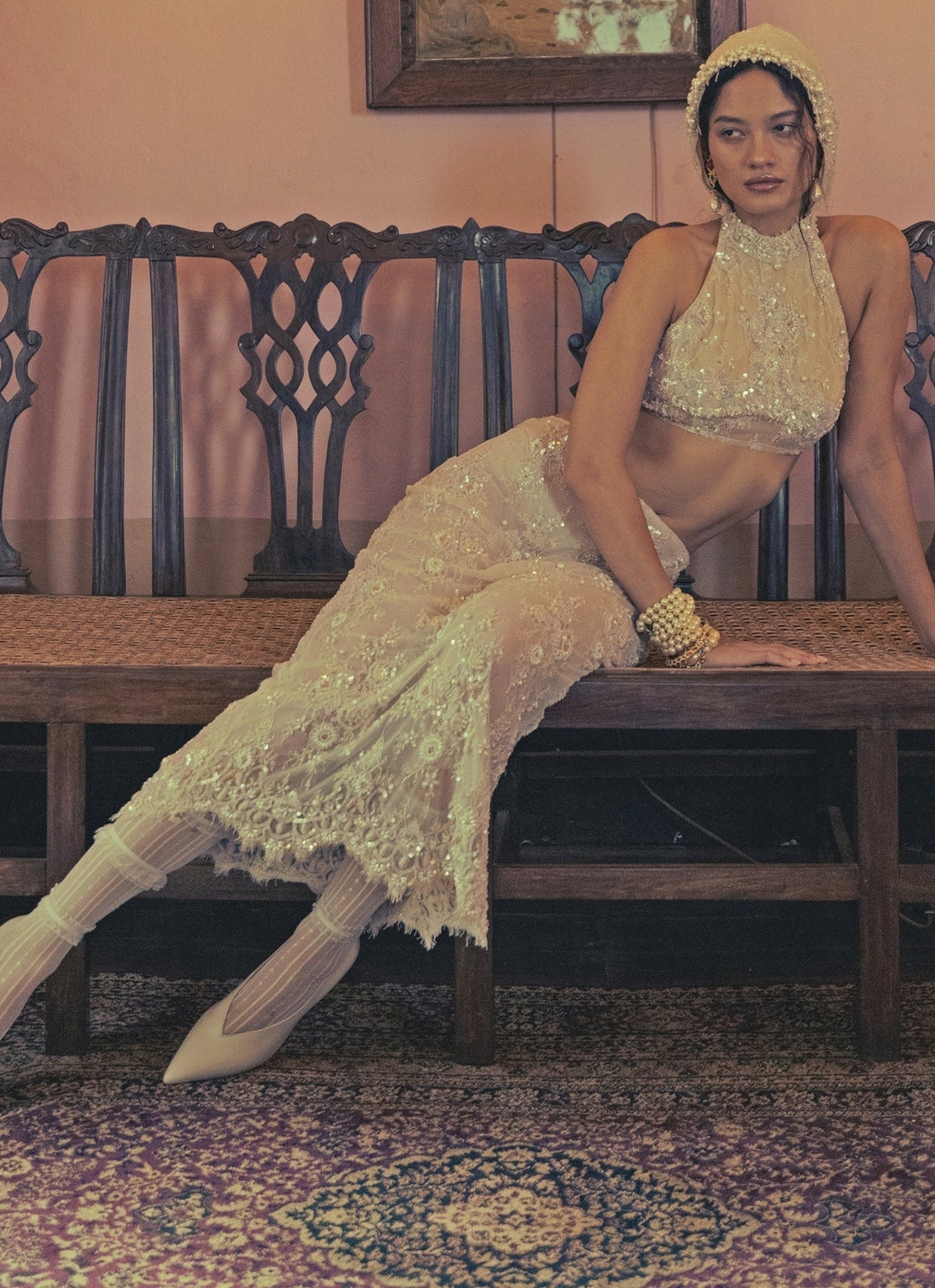 The Little Black Bow Nude Gold Silk Pearl Skirt SetFabilicious Fashion