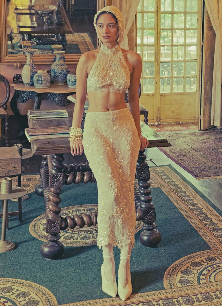 The Little Black Bow Nude Gold Silk Pearl Skirt SetFabilicious Fashion