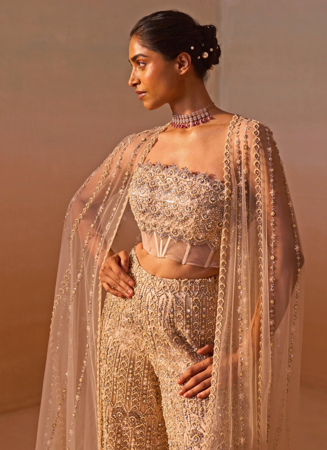 Nitika Gujral Nude Gold Soft Net Corset Pants Set With Cape DupattaFabilicious Fashion