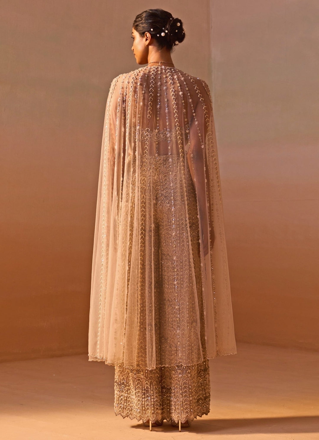 Nitika Gujral Nude Gold Soft Net Corset Pants Set With Cape DupattaFabilicious Fashion