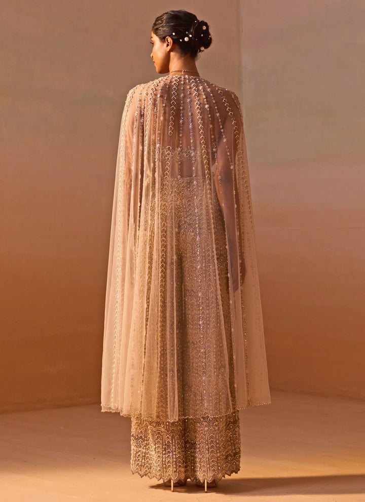 Nitika Gujral Nude Gold Soft Net Corset Pants Set With Cape DupattaFabilicious Fashion
