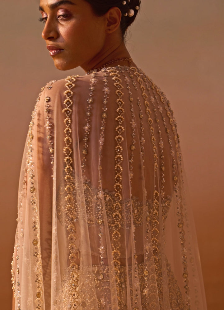 Nitika Gujral Nude Gold Soft Net Corset Pants Set With Cape DupattaFabilicious Fashion