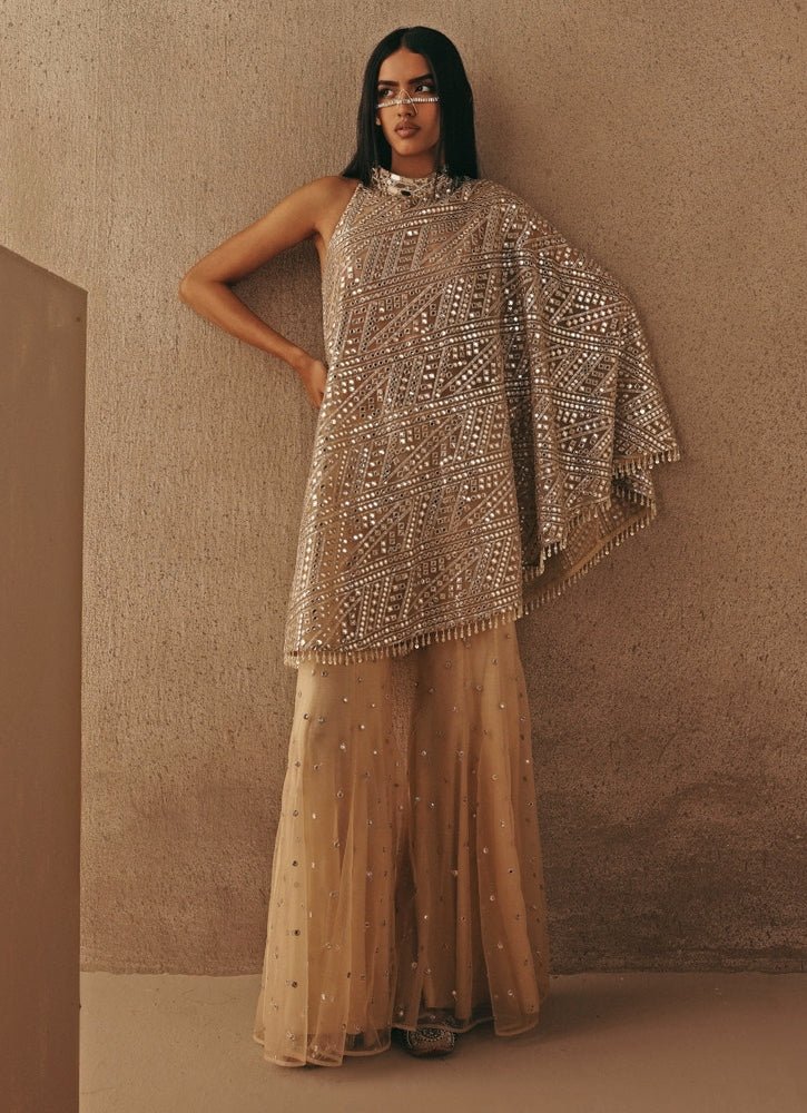 Nude Gold Soft Net One Shoulder Top With Pants Twenty Nine - Fabilicious Fashion