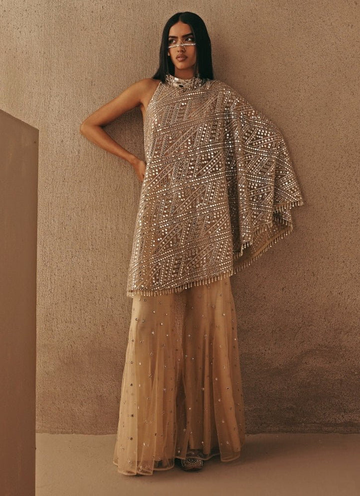 Nude Gold Soft Net One Shoulder Top With Pants Twenty Nine - Fabilicious Fashion