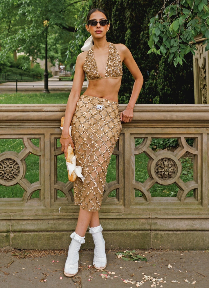 The Little Black Bow Nude Gold Soft Net Skirt SetFabilicious Fashion