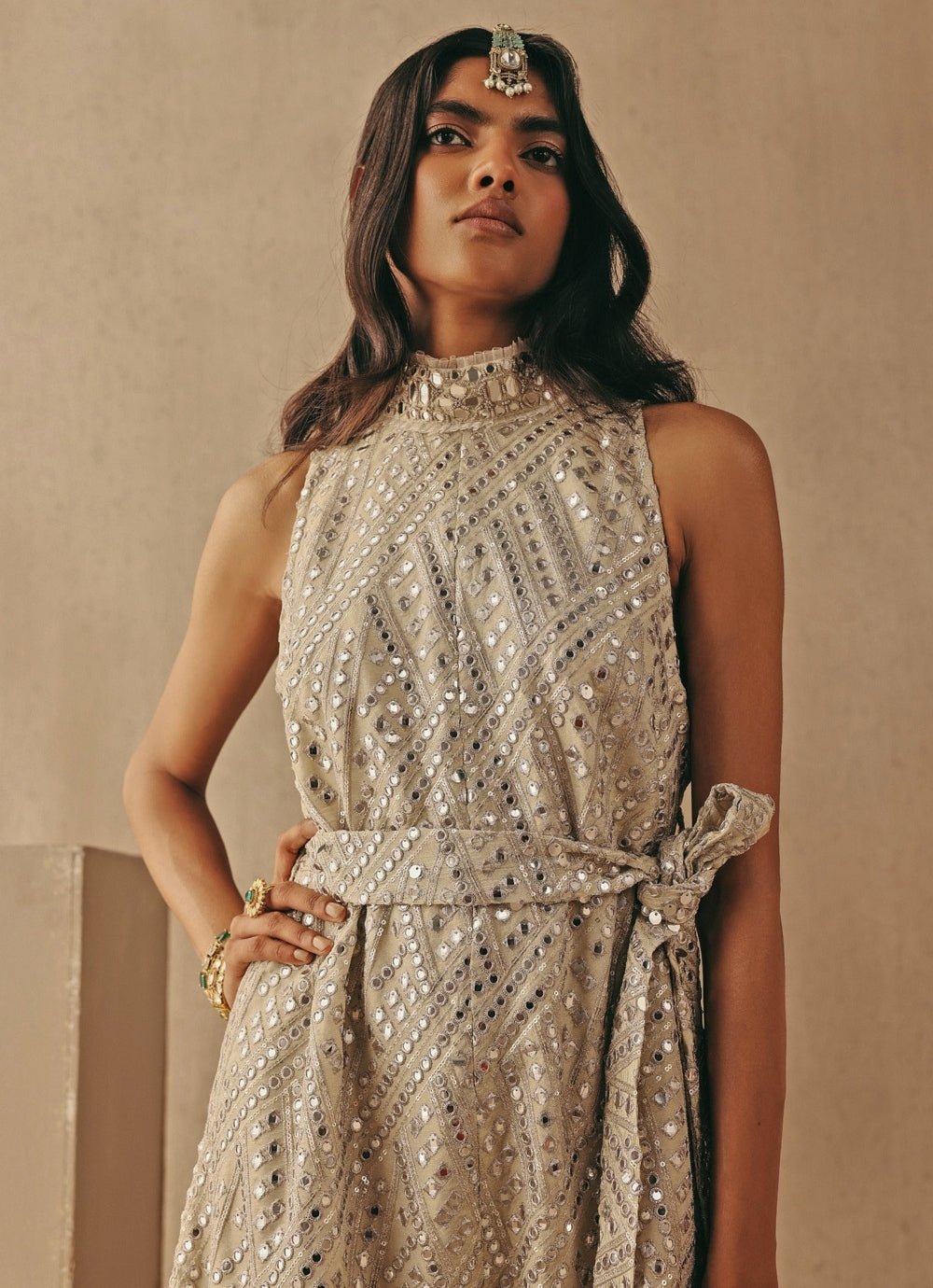 Nude Gold Tissue Mirrorwork Jumpsuit Twenty Nine - Fabilicious Fashion