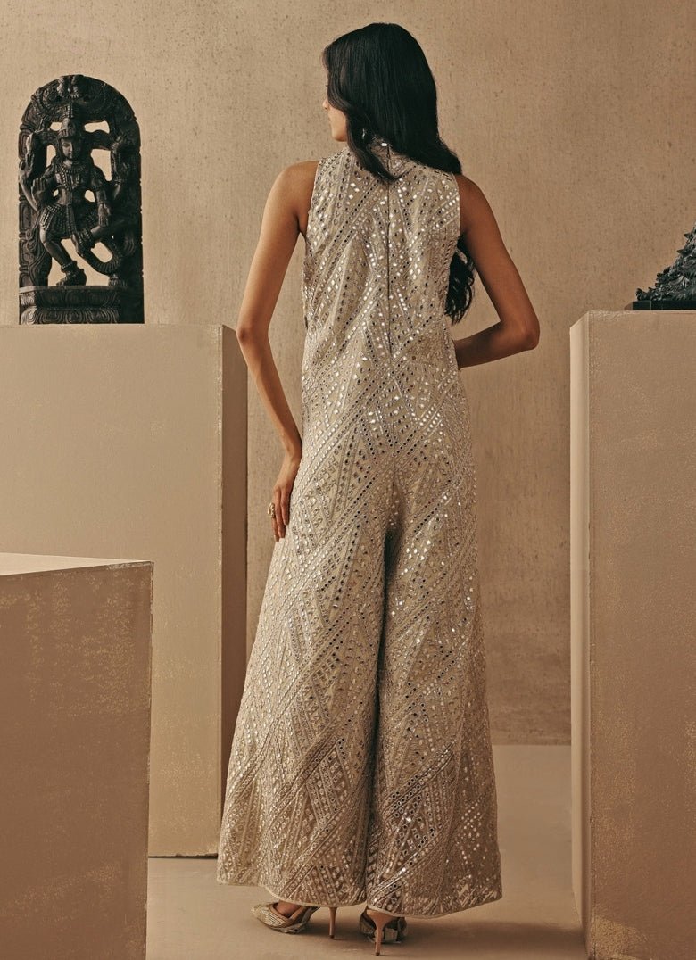 Nude Gold Tissue Mirrorwork Jumpsuit Twenty Nine - Fabilicious Fashion