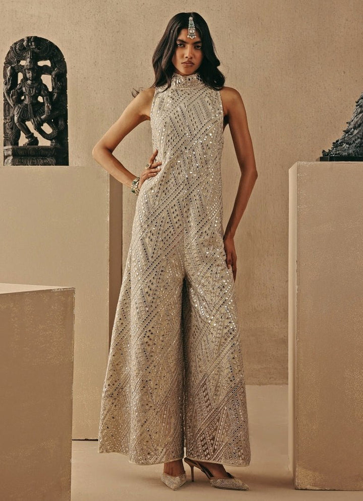 Nude Gold Tissue Mirrorwork Jumpsuit Twenty Nine - Fabilicious Fashion