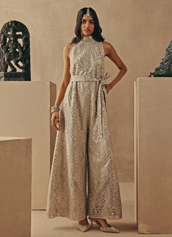 Nude Gold Tissue Mirrorwork Jumpsuit Twenty Nine - Fabilicious Fashion