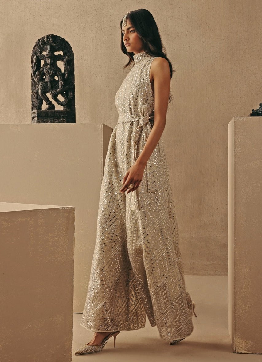 Nude Gold Tissue Mirrorwork Jumpsuit Twenty Nine - Fabilicious Fashion