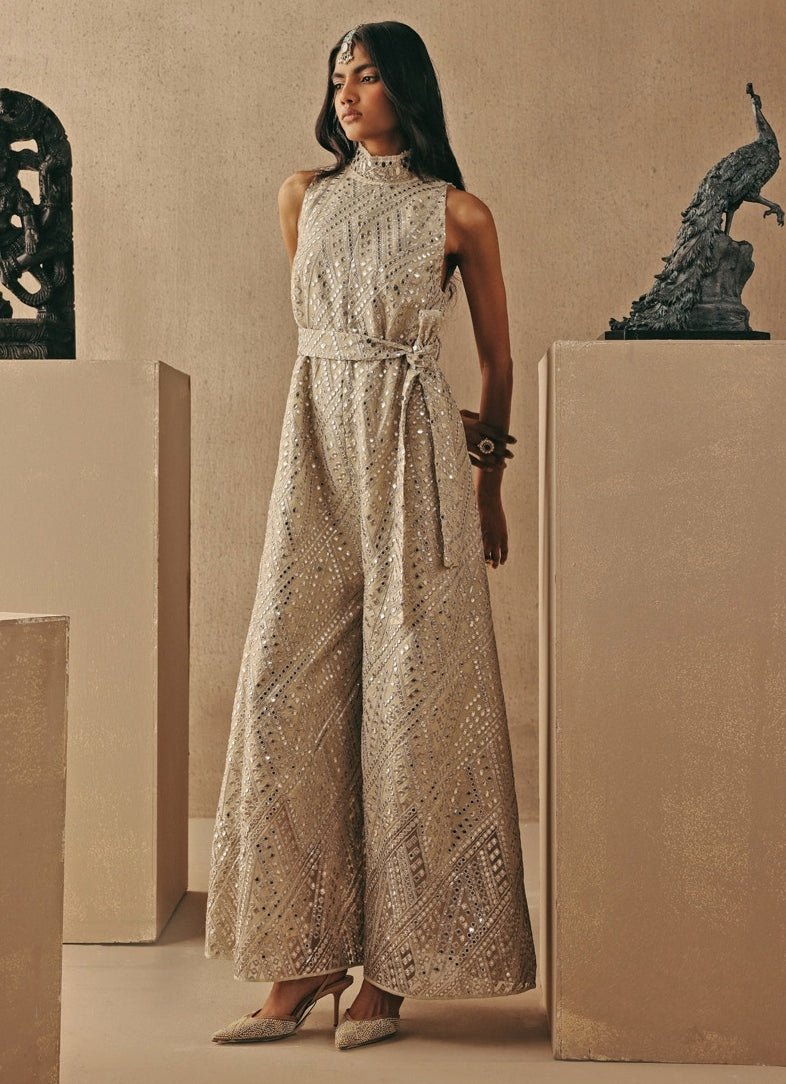 Nude Gold Tissue Mirrorwork Jumpsuit Twenty Nine - Fabilicious Fashion