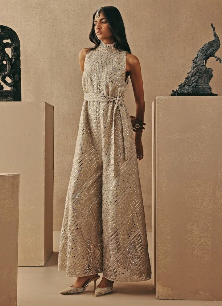 Nude Gold Tissue Mirrorwork Jumpsuit Twenty Nine - Fabilicious Fashion