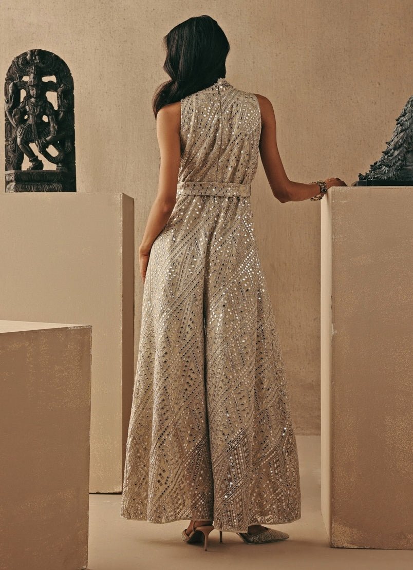 Nude Gold Tissue Mirrorwork Jumpsuit Twenty Nine - Fabilicious Fashion