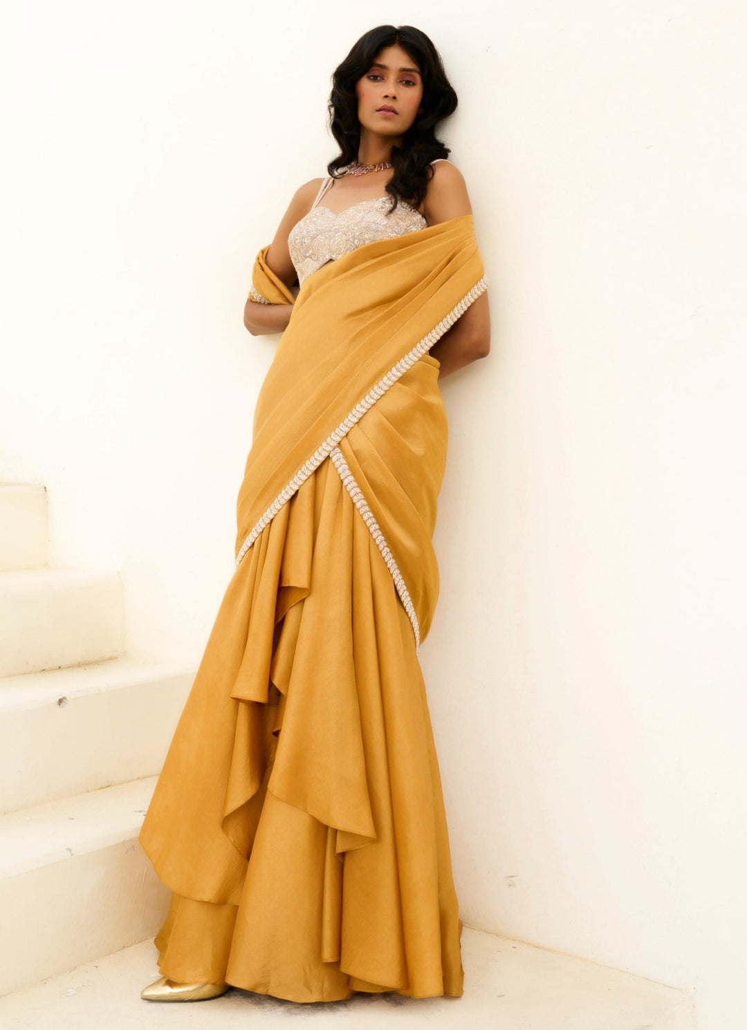 Nude Gold Tissue Predraped Saree Set Chamee and Palak - Fabilicious Fashion